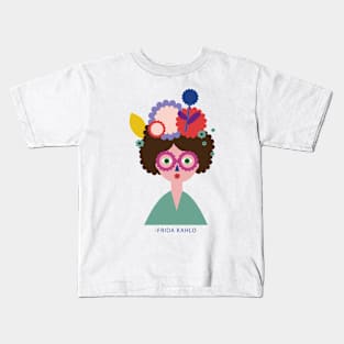 Frida kahlo, mexican painter funny cute portrait with colorful flowers Kids T-Shirt